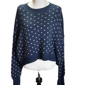 Free People navy heart knit cropped sweater S NWT $98 cozy trendy fall chic